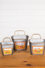 12" Galvanized Metal Harvest Scene Wall Hanging Buckets - Set of 3