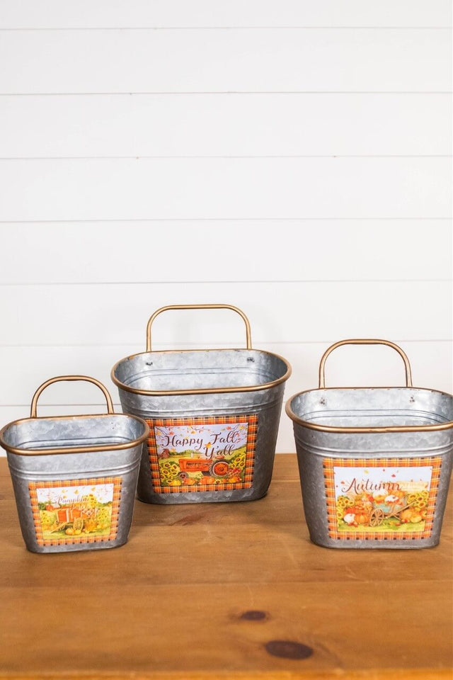 12" Galvanized Metal Harvest Scene Wall Hanging Buckets - Set of 3