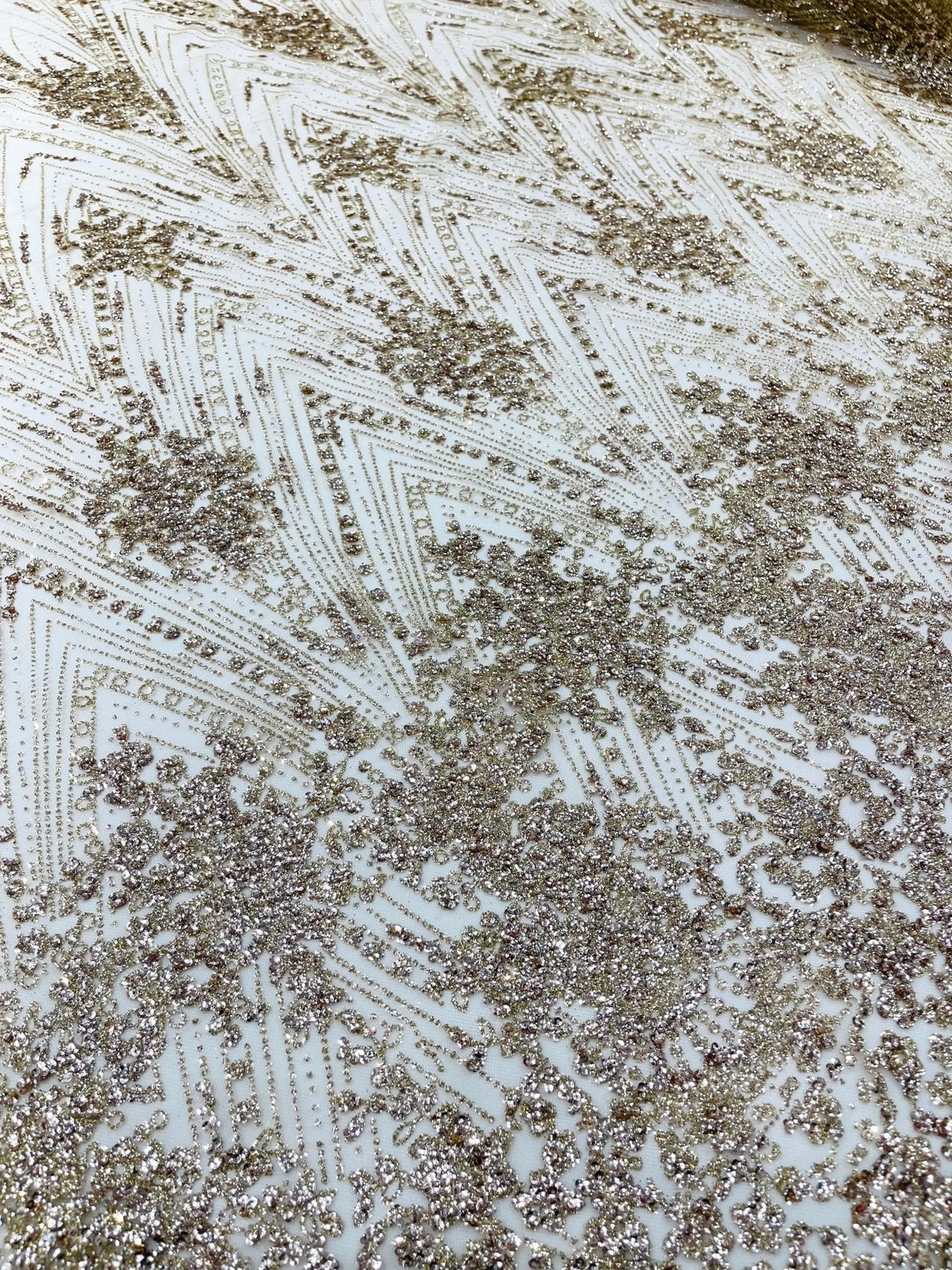 Geometric Damask Glitter Design Mesh Lace Fabric - Brown, Gold, Silver, Champagne, 54" Width (1 Yard)