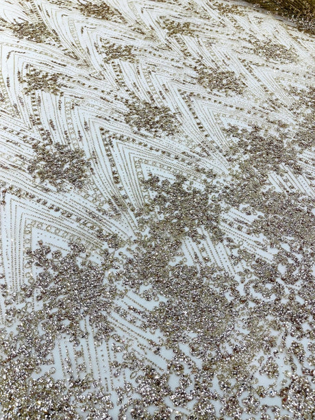 Geometric Damask Glitter Design Mesh Lace Fabric - Brown, Gold, Silver, Champagne, 54" Width (1 Yard)
