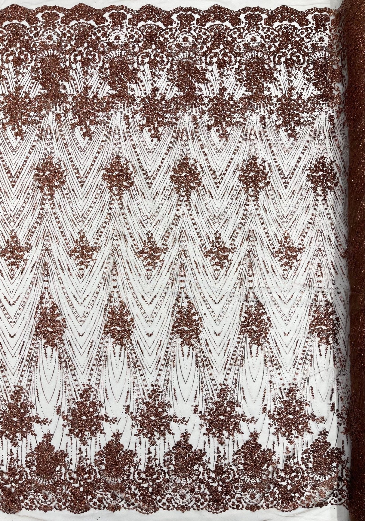 Geometric Damask Glitter Design Mesh Lace Fabric - Brown, Gold, Silver, Champagne, 54" Width (1 Yard)