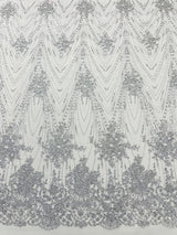 Geometric Damask Glitter Design Mesh Lace Fabric - Brown, Gold, Silver, Champagne, 54" Width (1 Yard)