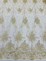 Geometric Damask Glitter Design Mesh Lace Fabric - Brown, Gold, Silver, Champagne, 54" Width (1 Yard)