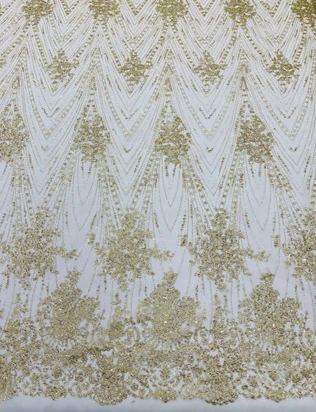 Geometric Damask Glitter Design Mesh Lace Fabric - Brown, Gold, Silver, Champagne, 54" Width (1 Yard)