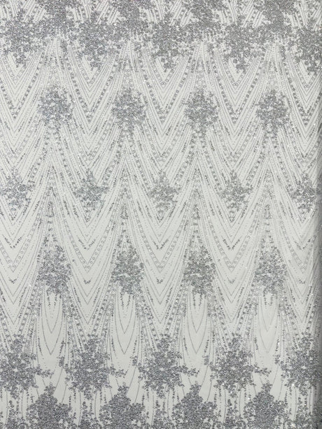 Geometric Damask Glitter Design Mesh Lace Fabric - Brown, Gold, Silver, Champagne, 54" Width (1 Yard)
