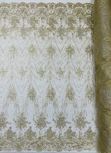 Geometric Damask Glitter Design Mesh Lace Fabric - Brown, Gold, Silver, Champagne, 54" Width (1 Yard)