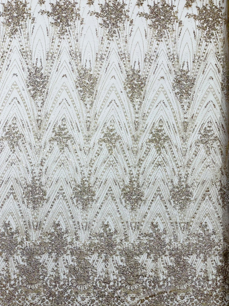 Geometric Damask Glitter Design Mesh Lace Fabric - Brown, Gold, Silver, Champagne, 54" Width (1 Yard)