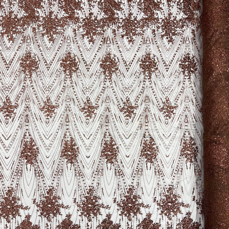 Geometric Damask Glitter Design Mesh Lace Fabric - Brown, Gold, Silver, Champagne, 54" Width (1 Yard)