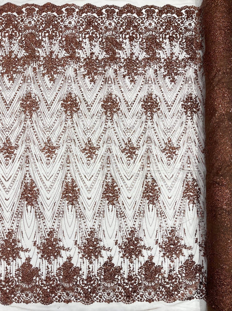 Geometric Damask Glitter Design Mesh Lace Fabric - Brown, Gold, Silver, Champagne, 54" Width (1 Yard)