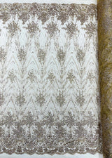 Geometric Damask Glitter Design Mesh Lace Fabric - Brown, Gold, Silver, Champagne, 54" Width (1 Yard)