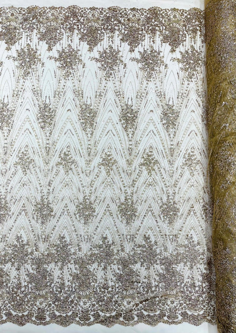Geometric Damask Glitter Design Mesh Lace Fabric - Brown, Gold, Silver, Champagne, 54" Width (1 Yard)