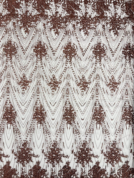 Geometric Damask Glitter Design Mesh Lace Fabric - Brown, Gold, Silver, Champagne, 54" Width (1 Yard)