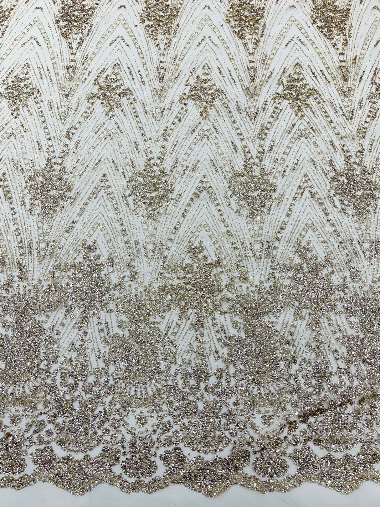 Geometric Damask Glitter Design Mesh Lace Fabric - Brown, Gold, Silver, Champagne, 54" Width (1 Yard)