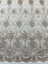 Geometric Damask Glitter Design Mesh Lace Fabric - Brown, Gold, Silver, Champagne, 54" Width (1 Yard)