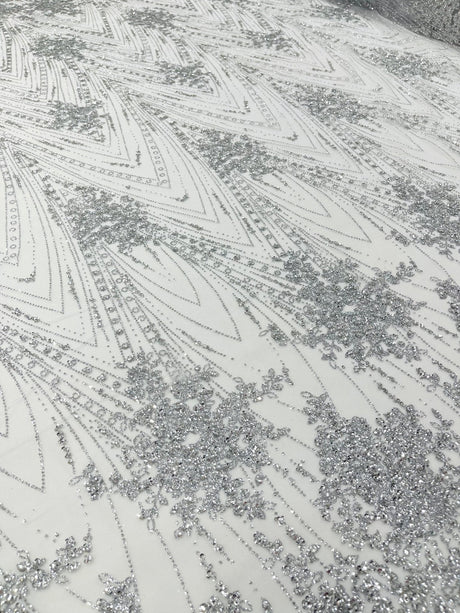 Geometric Damask Glitter Design Mesh Lace Fabric - Brown, Gold, Silver, Champagne, 54" Width (1 Yard)