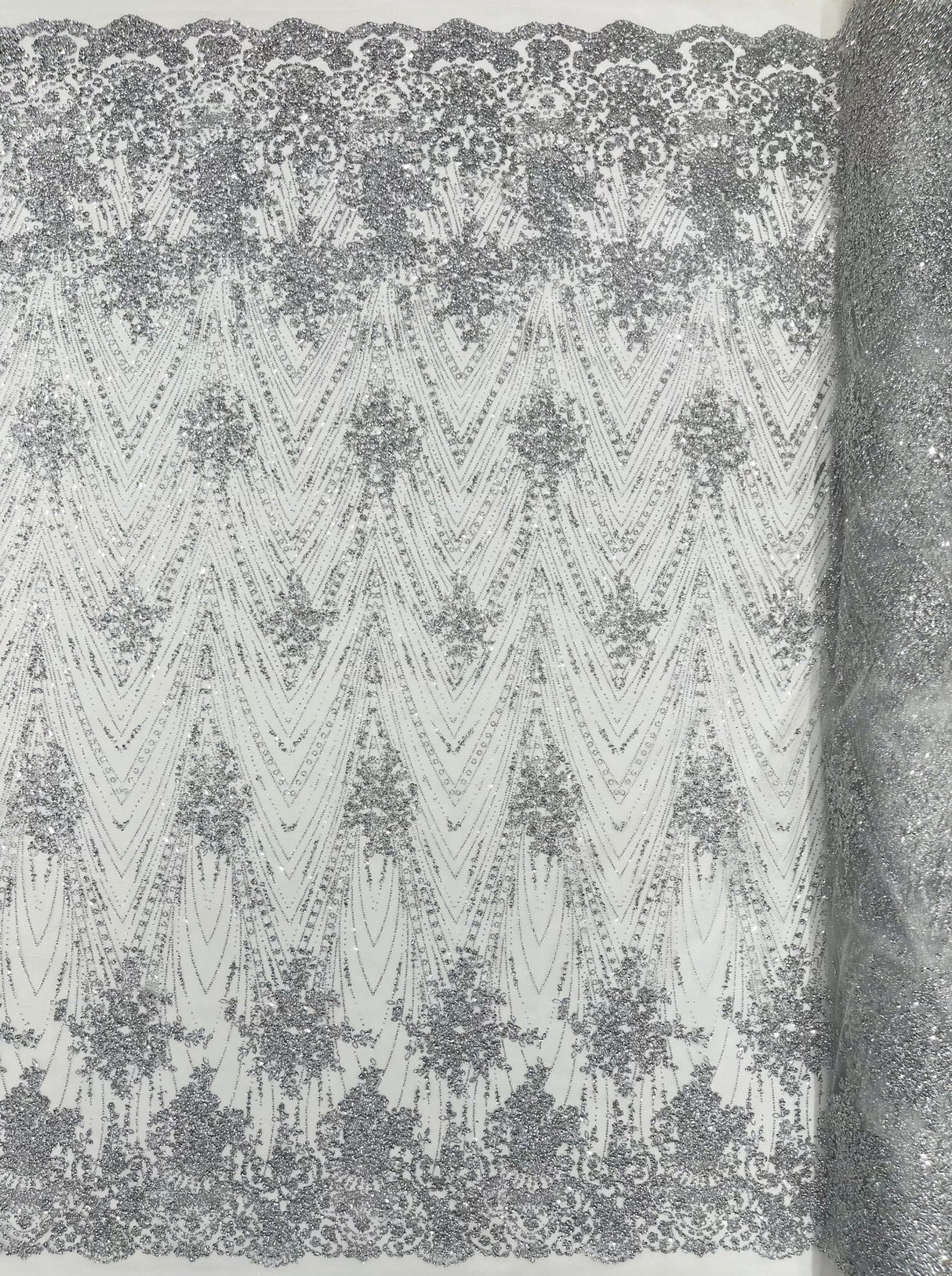 Geometric Damask Glitter Design Mesh Lace Fabric - Brown, Gold, Silver, Champagne, 54" Width (1 Yard)