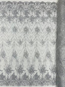 Geometric Damask Glitter Design Mesh Lace Fabric - Brown, Gold, Silver, Champagne, 54" Width (1 Yard)