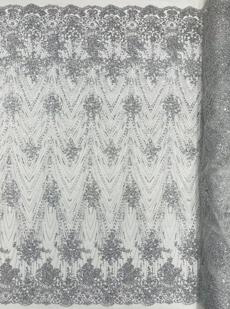 Geometric Damask Glitter Design Mesh Lace Fabric - Brown, Gold, Silver, Champagne, 54" Width (1 Yard)