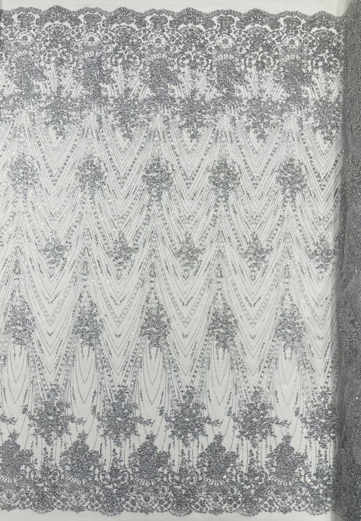 Geometric Damask Glitter Design Mesh Lace Fabric - Brown, Gold, Silver, Champagne, 54" Width (1 Yard)