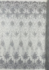 Geometric Damask Glitter Design Mesh Lace Fabric - Brown, Gold, Silver, Champagne, 54" Width (1 Yard)