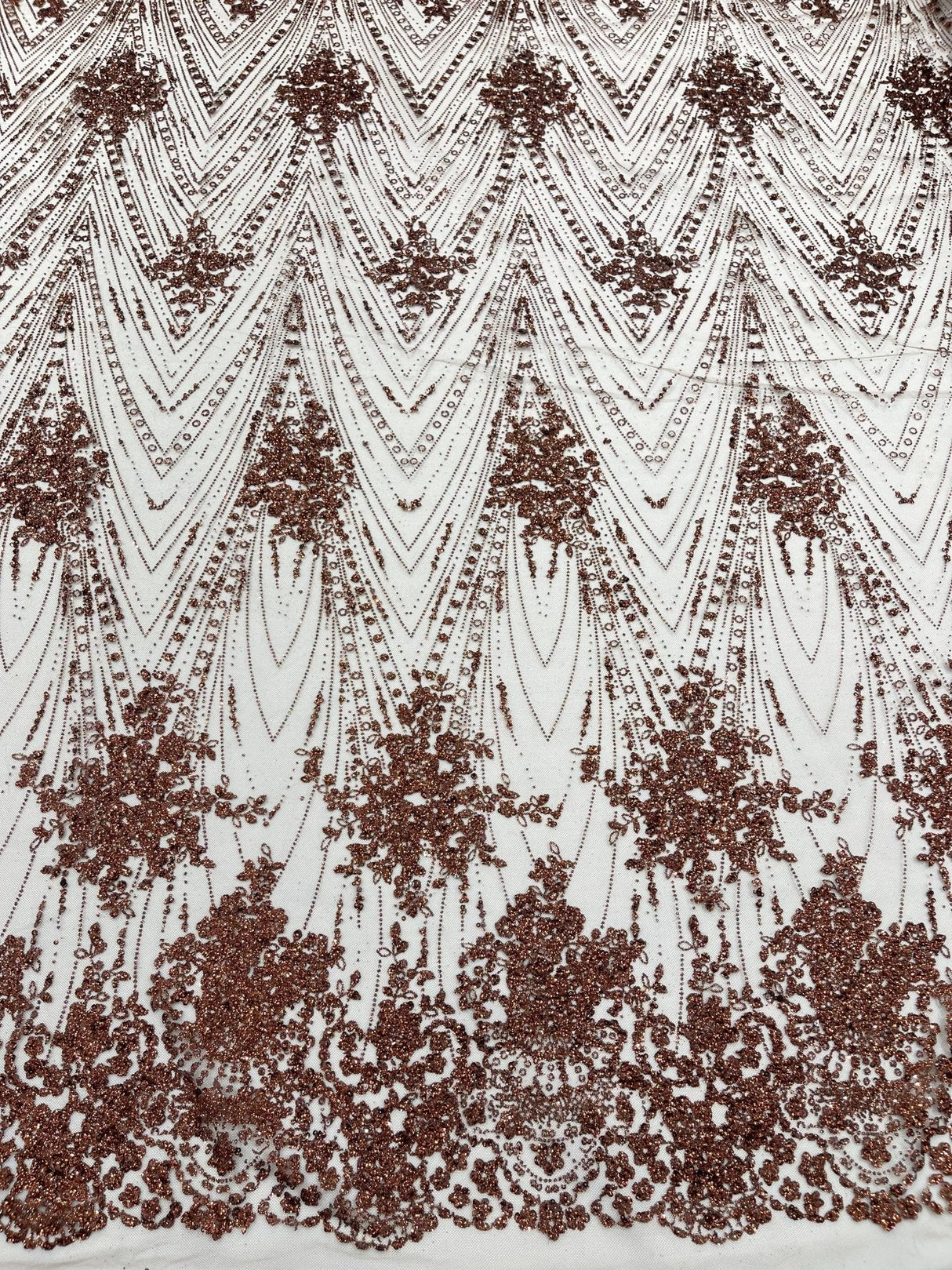 Geometric Damask Glitter Design Mesh Lace Fabric - Brown, Gold, Silver, Champagne, 54" Width (1 Yard)