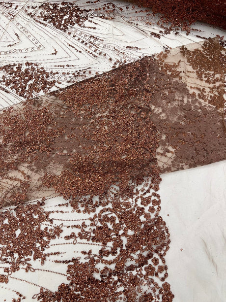 Geometric Damask Glitter Design Mesh Lace Fabric - Brown, Gold, Silver, Champagne, 54" Width (1 Yard)