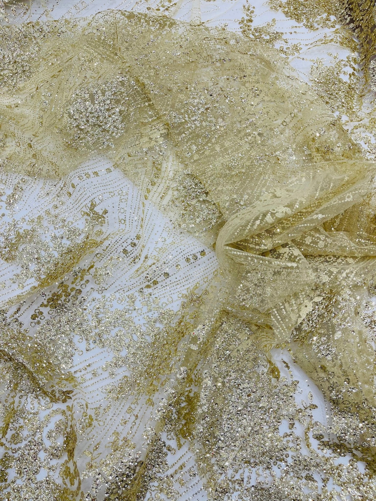 Geometric Damask Glitter Design Mesh Lace Fabric - Brown, Gold, Silver, Champagne, 54" Width (1 Yard)