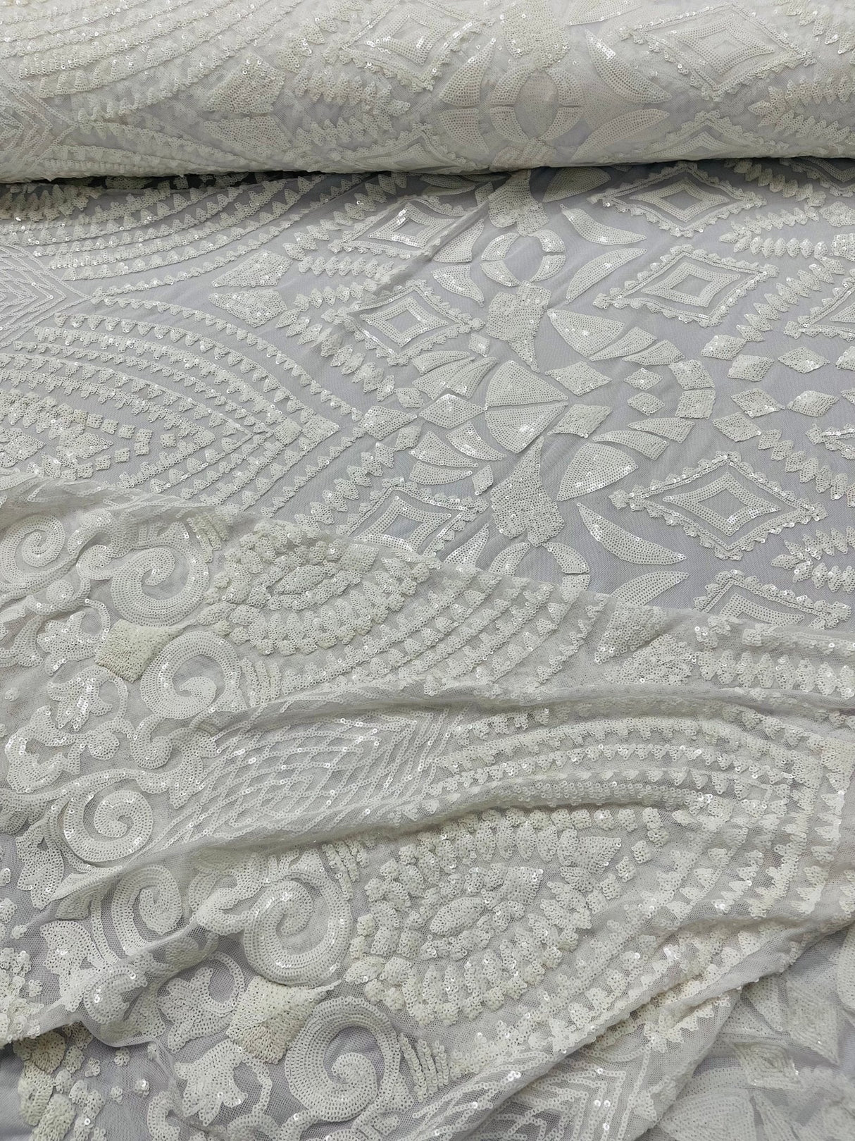Geometric Diamond Sequin Design Power Mesh Fabric - Iridescent Geometric Diamond Pattern, 54" Width (1 Yard)