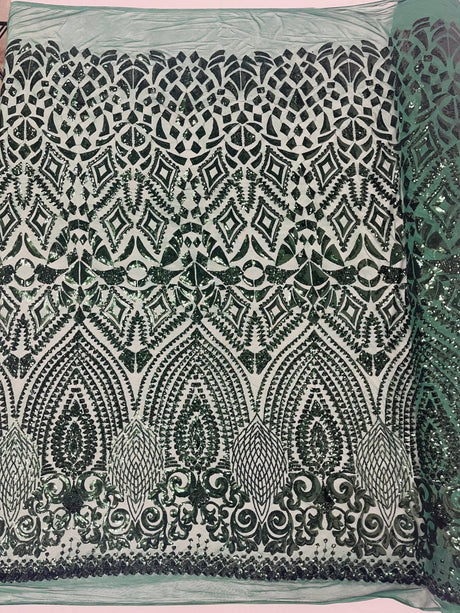 Geometric Diamond Sequin Design Power Mesh Fabric - Iridescent Geometric Diamond Pattern, 54" Width (1 Yard)