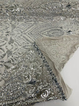 Geometric Diamond Sequin Design Power Mesh Fabric - Iridescent Geometric Diamond Pattern, 54" Width (1 Yard)