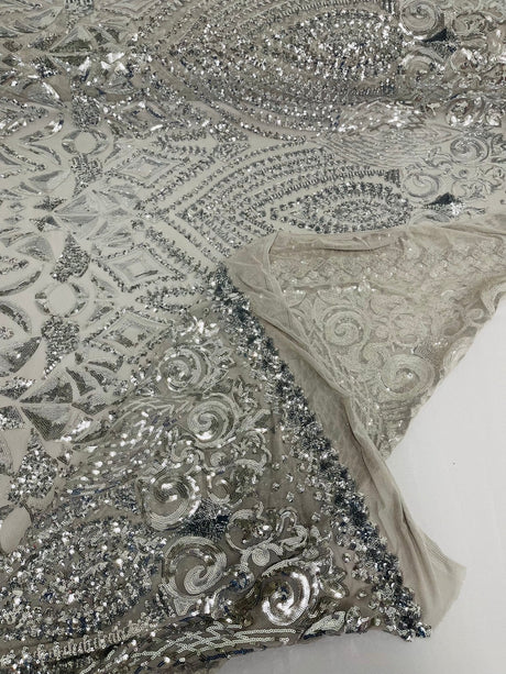 Geometric Diamond Sequin Design Power Mesh Fabric - Iridescent Geometric Diamond Pattern, 54" Width (1 Yard)