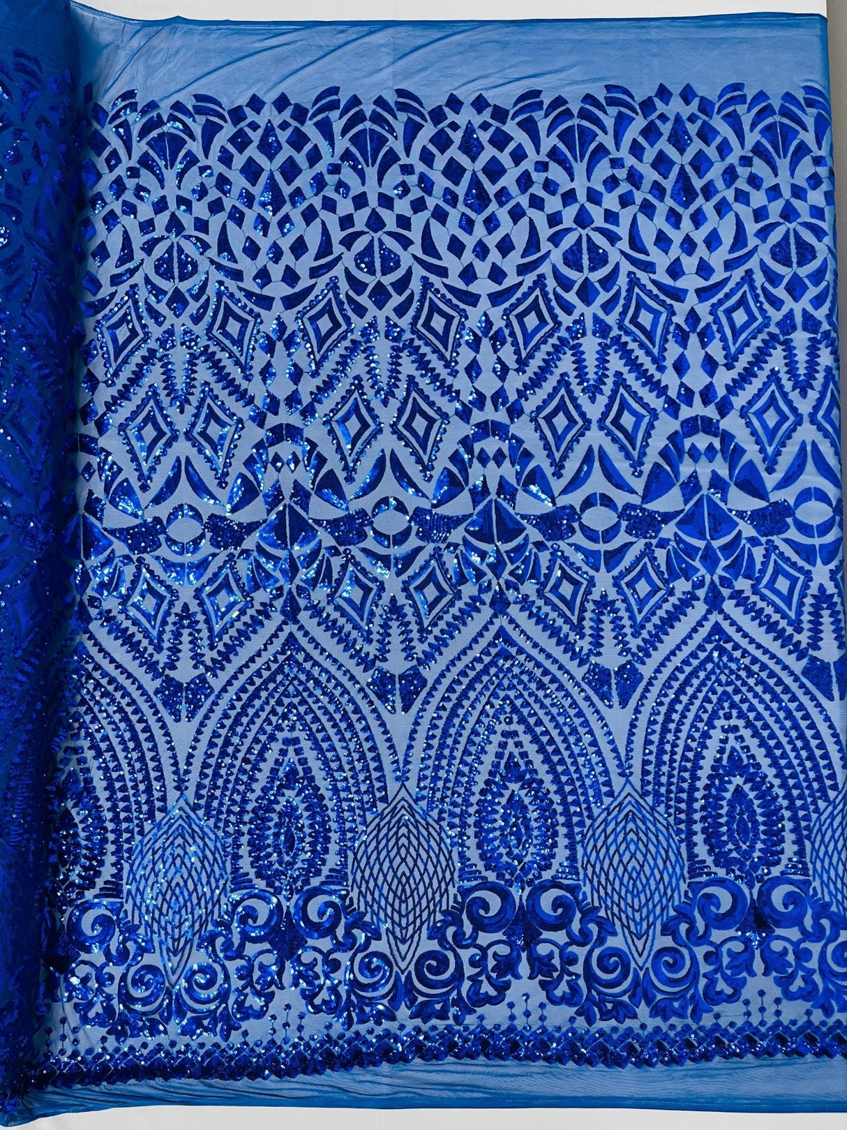 Geometric Diamond Sequin Design Power Mesh Fabric - Iridescent Geometric Diamond Pattern, 54" Width (1 Yard)