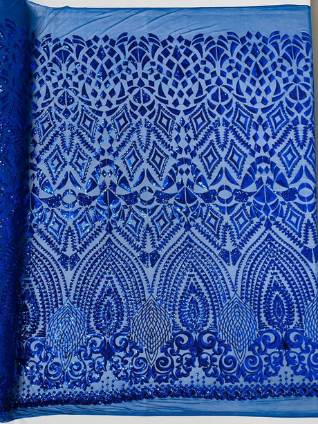 Geometric Diamond Sequin Design Power Mesh Fabric - Iridescent Geometric Diamond Pattern, 54" Width (1 Yard)