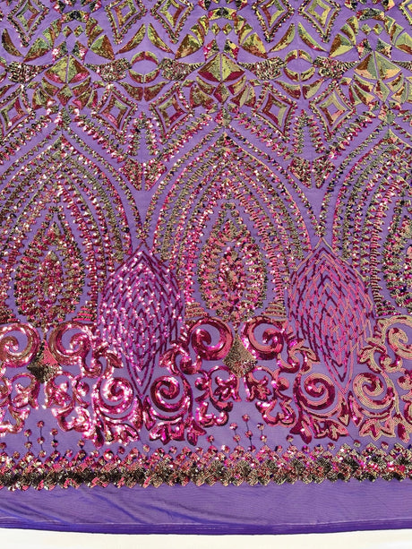 Geometric Diamond Sequin Design Power Mesh Fabric - Iridescent Geometric Diamond Pattern, 54" Width (1 Yard)