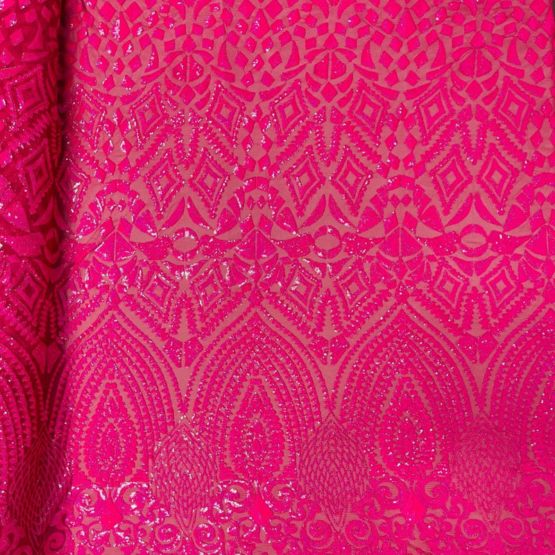 Geometric Diamond Sequin Design Power Mesh Fabric - Iridescent Geometric Diamond Pattern, 54" Width (1 Yard)