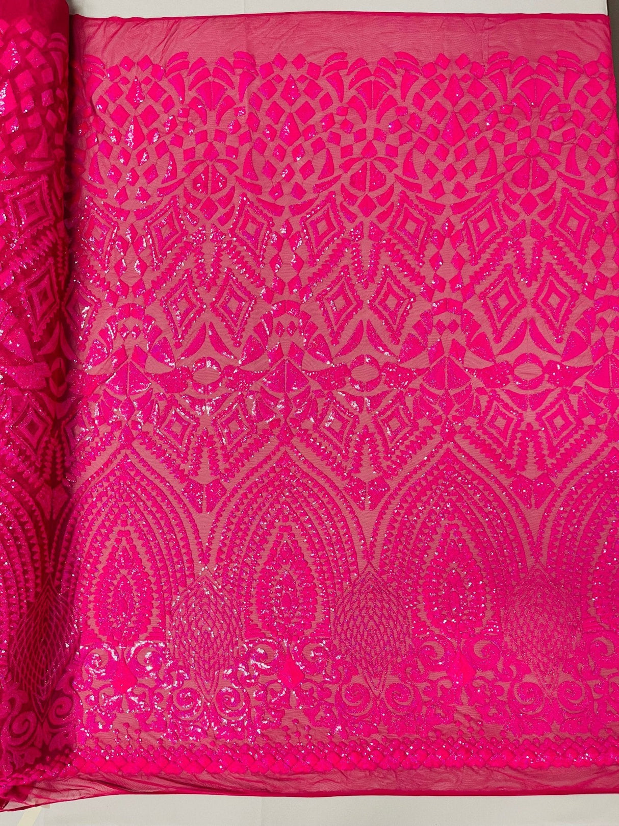 Geometric Diamond Sequin Design Power Mesh Fabric - Iridescent Geometric Diamond Pattern, 54" Width (1 Yard)