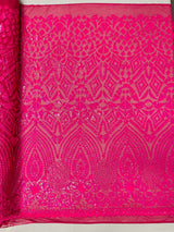 Geometric Diamond Sequin Design Power Mesh Fabric - Iridescent Geometric Diamond Pattern, 54" Width (1 Yard)