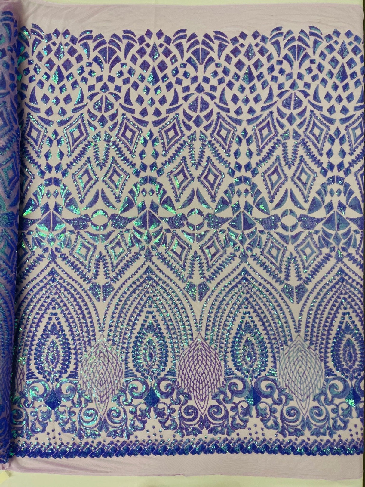 Geometric Diamond Sequin Design Power Mesh Fabric - Iridescent Geometric Diamond Pattern, 54" Width (1 Yard)