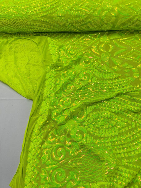 Geometric Diamond Sequin Design Power Mesh Fabric - Iridescent Geometric Diamond Pattern, 54" Width (1 Yard)