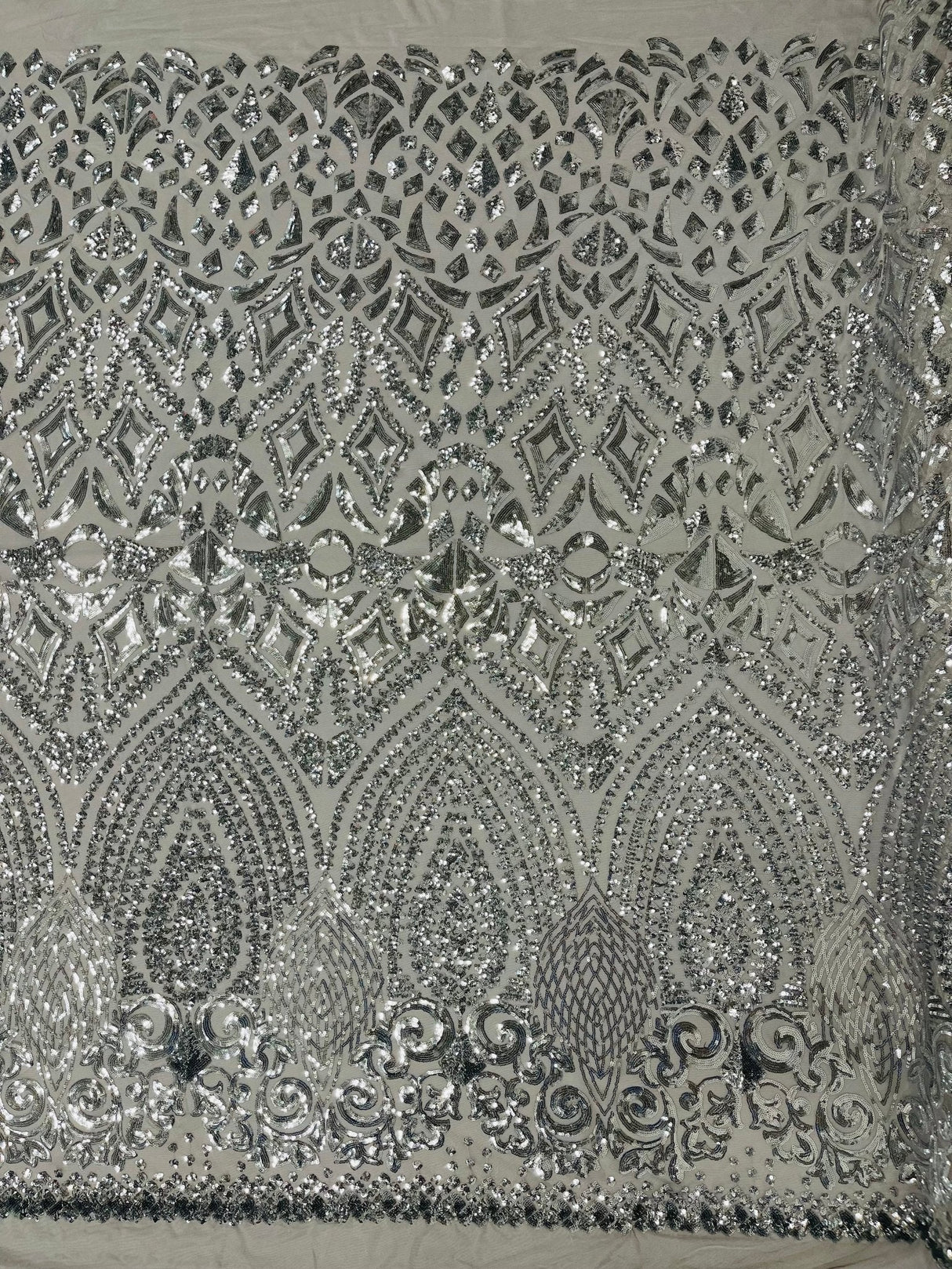 Geometric Diamond Sequin Design Power Mesh Fabric - Iridescent Geometric Diamond Pattern, 54" Width (1 Yard)