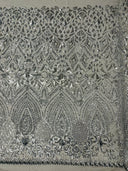 Geometric Diamond Sequin Design Power Mesh Fabric - Iridescent Geometric Diamond Pattern, 54" Width (1 Yard)