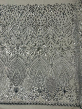 Geometric Diamond Sequin Design Power Mesh Fabric - Iridescent Geometric Diamond Pattern, 54" Width (1 Yard)