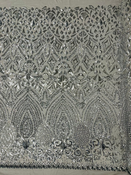 Geometric Diamond Sequin Design Power Mesh Fabric - Iridescent Geometric Diamond Pattern, 54" Width (1 Yard)