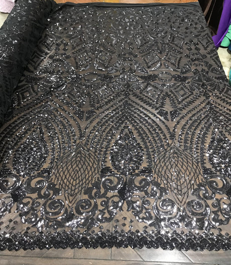 Geometric Diamond Sequin Design Power Mesh Fabric - Iridescent Geometric Diamond Pattern, 54" Width (1 Yard)