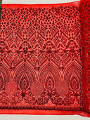Geometric Diamond Sequin Design Power Mesh Fabric - Iridescent Geometric Diamond Pattern, 54" Width (1 Yard)