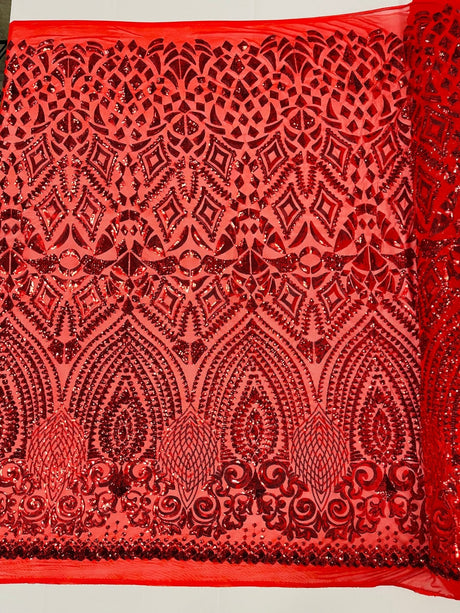 Geometric Diamond Sequin Design Power Mesh Fabric - Iridescent Geometric Diamond Pattern, 54" Width (1 Yard)
