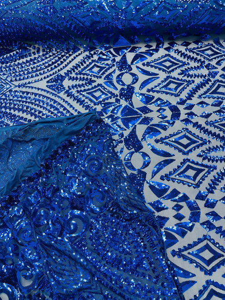 Geometric Diamond Sequin Design Power Mesh Fabric - Iridescent Geometric Diamond Pattern, 54" Width (1 Yard)