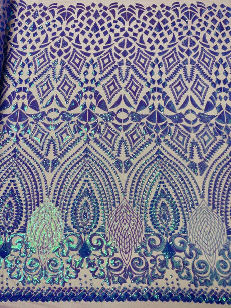 Geometric Diamond Sequin Design Power Mesh Fabric - Iridescent Geometric Diamond Pattern, 54" Width (1 Yard)