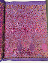 Geometric Diamond Sequin Design Power Mesh Fabric - Iridescent Geometric Diamond Pattern, 54" Width (1 Yard)