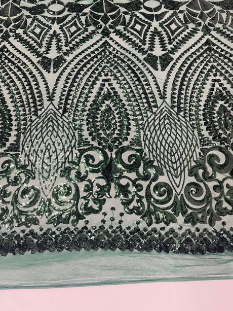 Geometric Diamond Sequin Design Power Mesh Fabric - Iridescent Geometric Diamond Pattern, 54" Width (1 Yard)